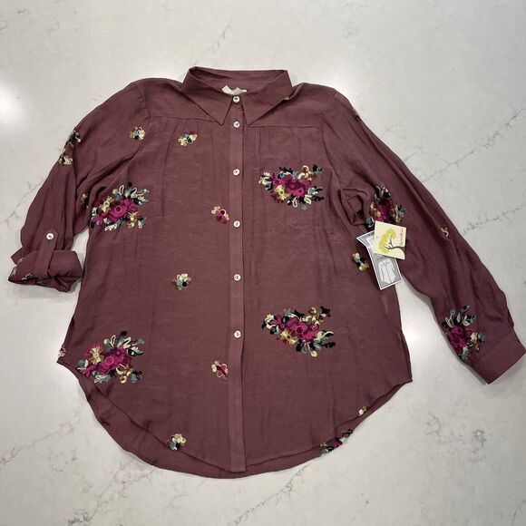 Fig Flower NEW Shirt Anthropologie Long Sleeve Embroidered Floral Mauve Sz L - Picture 1 of 10